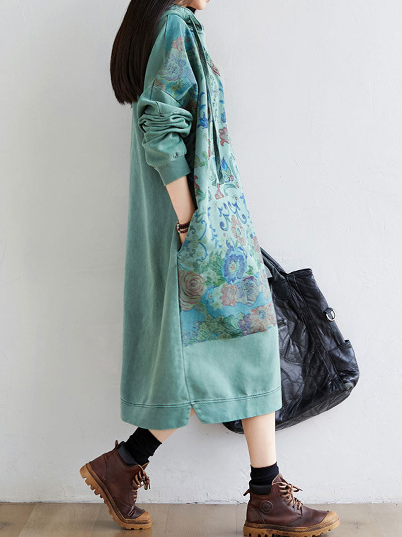 Hooded Floral Print Long Sleeve Loose Midi Dress 4