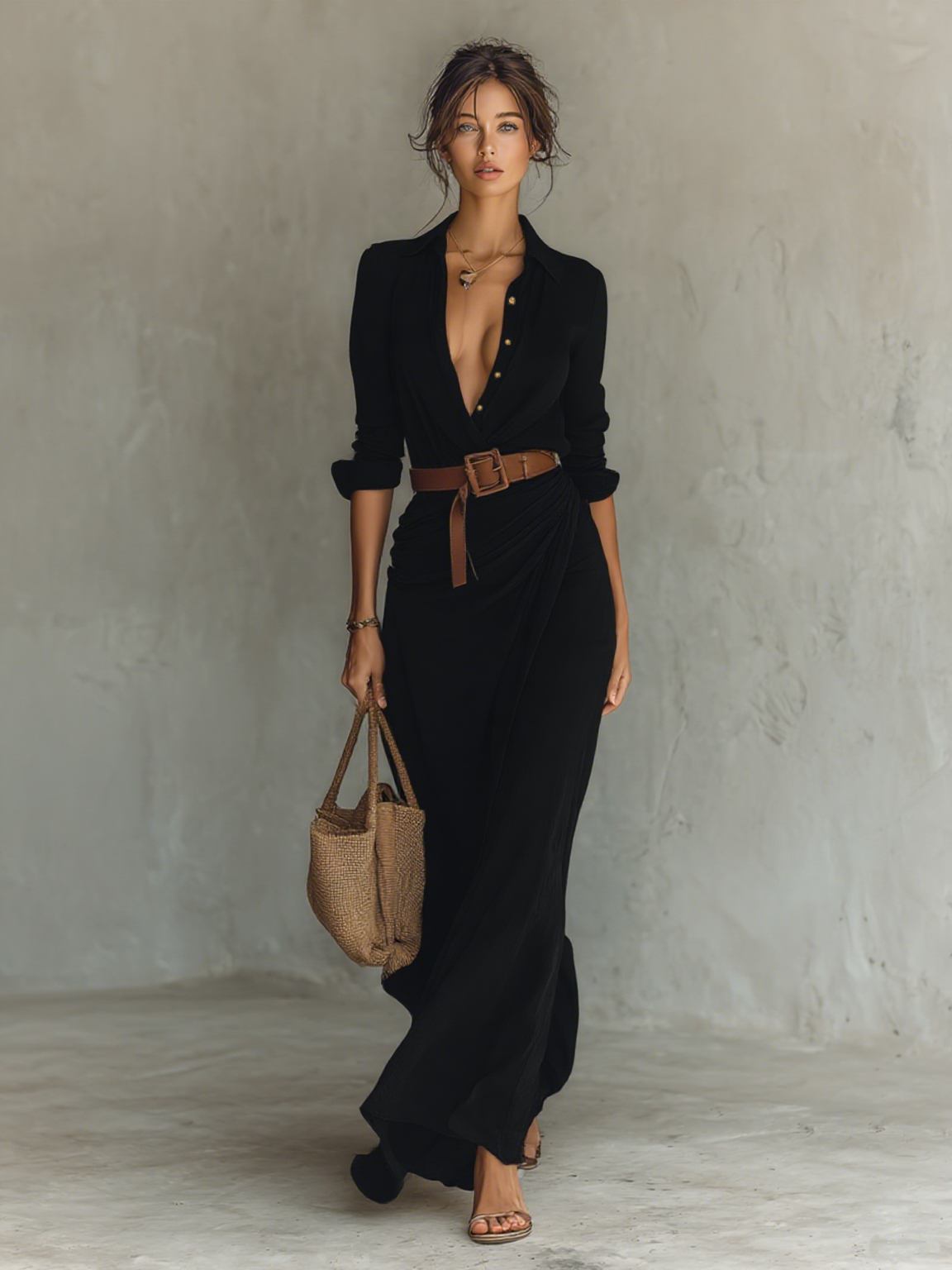 Collar Plunge Long Sleeve Belted Ruched Wrap Maxi Dress 7
