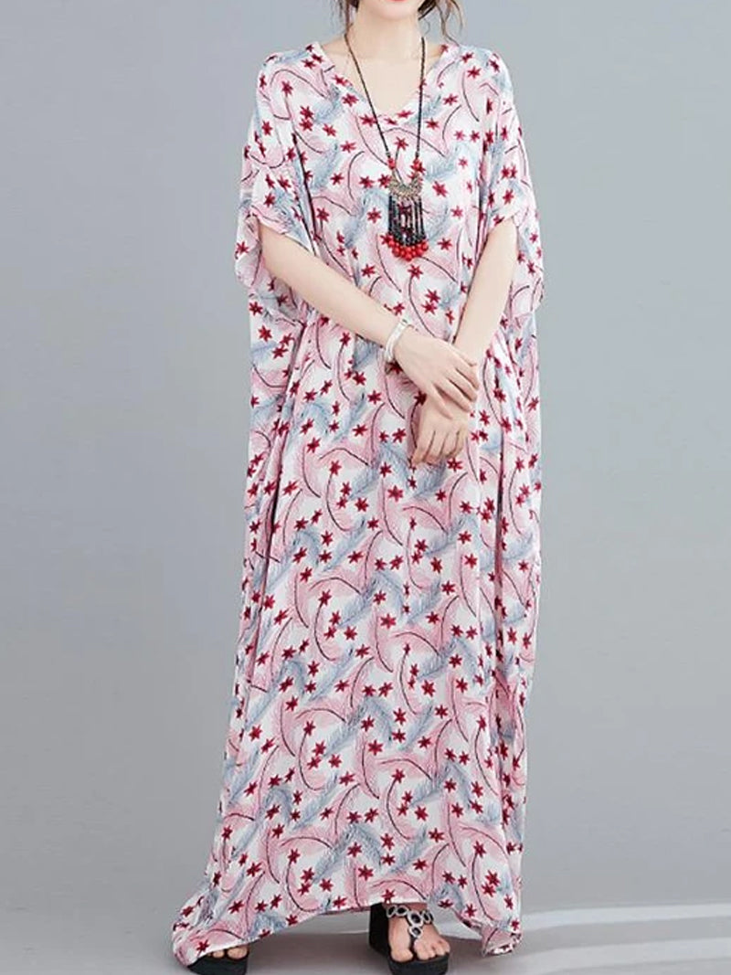 V-Neck Floral Print Batwing Sleeve Loose Kaftan Maxi Dress 8