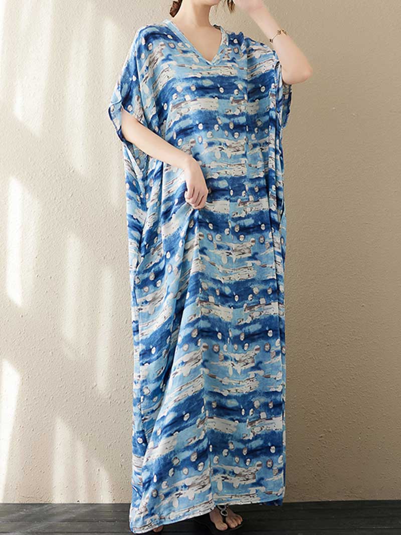 V-Neck Tie-Dye Print Batwing Sleeve Loose Kaftan Maxi Dress