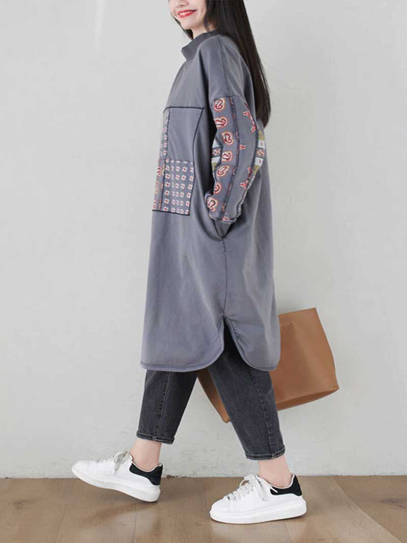 Mock Neck Patchwork Print Long Sleeve Loose Midi Dress