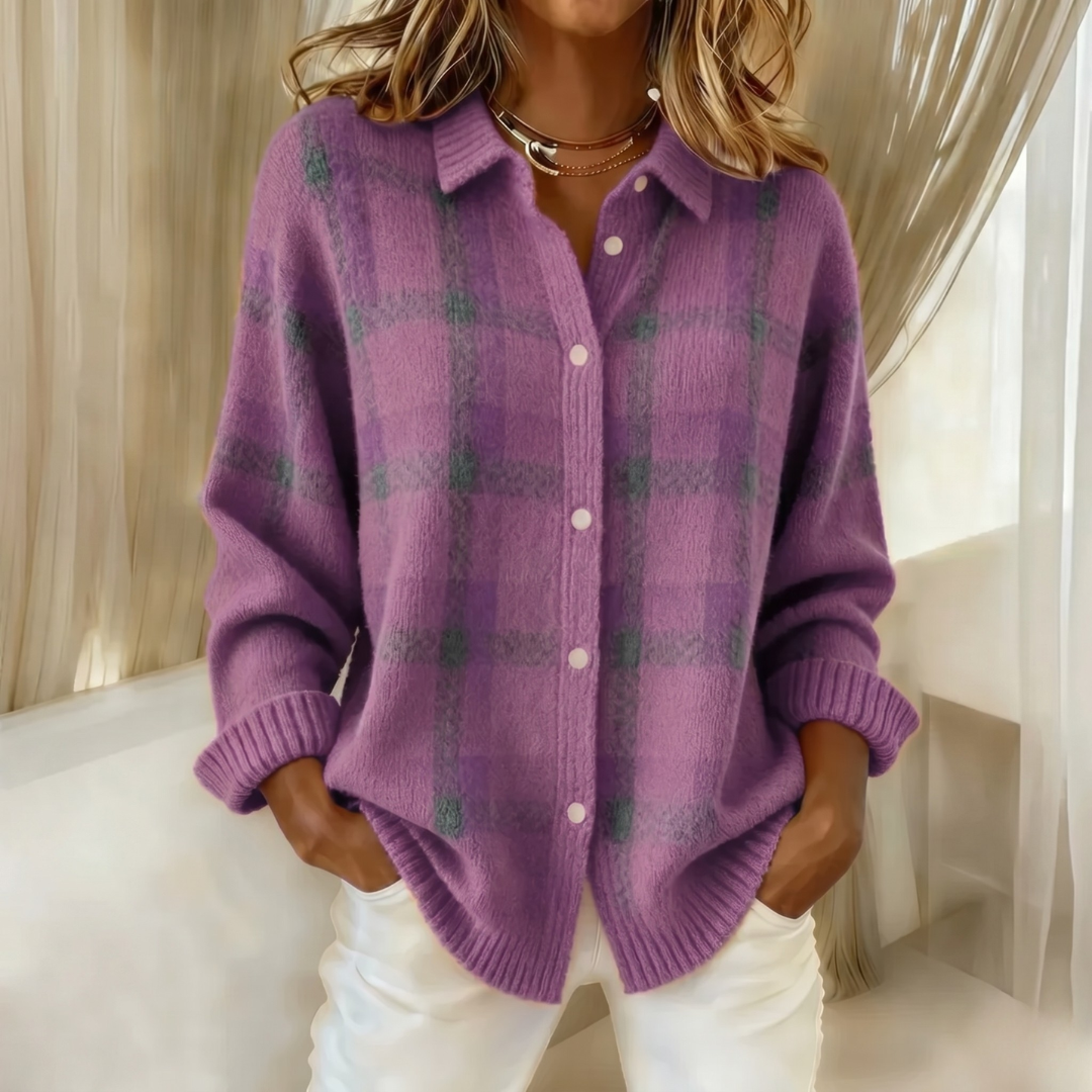 Collared Plaid Knit Button Front Long Sleeve Cardigan 8