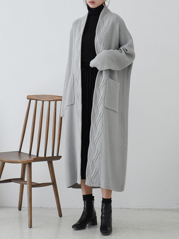 Open Front Cable Knit Longline Pocket Cardigan