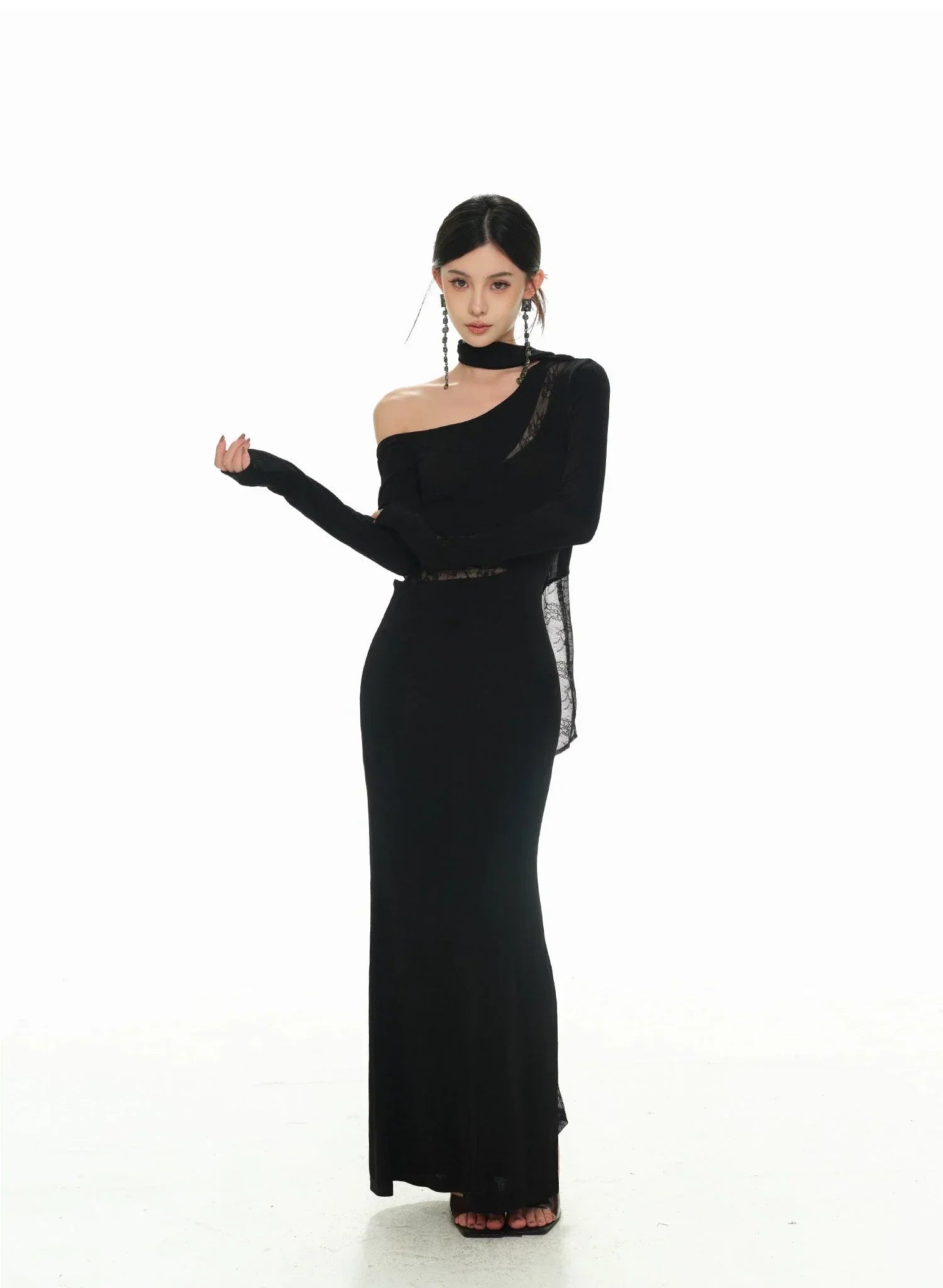 Black Asymmetric Neckline and Lace Inserts Long Evening Gown