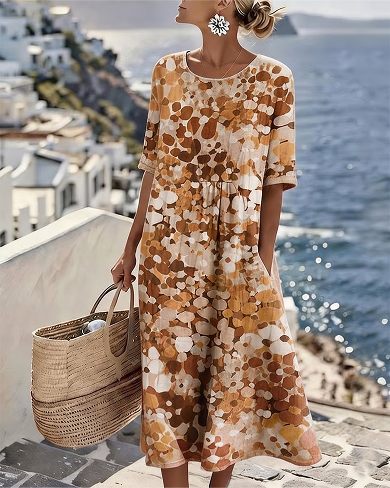 Round Neck Abstract Floral Print Short Sleeve Pocket A-Line Midi Dress 6