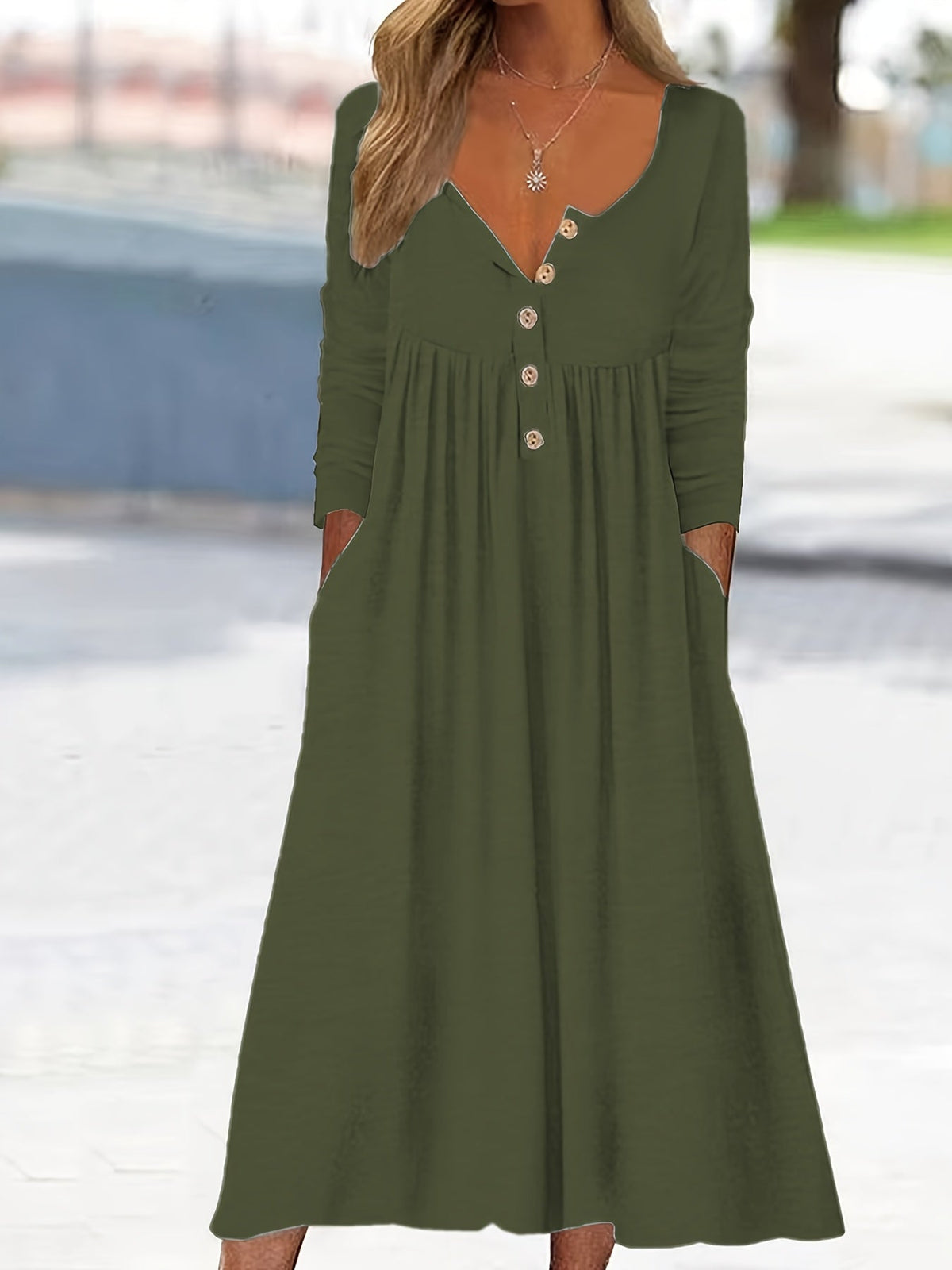 Henley Neck Button Front Long Sleeve Pocket A-Line Midi Dress
