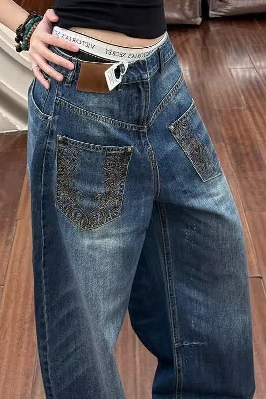 Edgy Deconstructed Embroidered Wide Leg Jeans