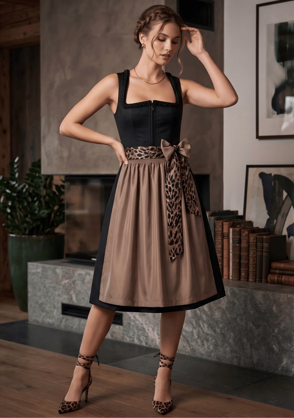 Square Neck Zip Front Leopard Bow Apron A-Line Midi Dress