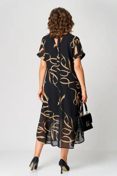 V-Neck Short Sleeve Abstract Print Chiffon A-Line Midi Dress