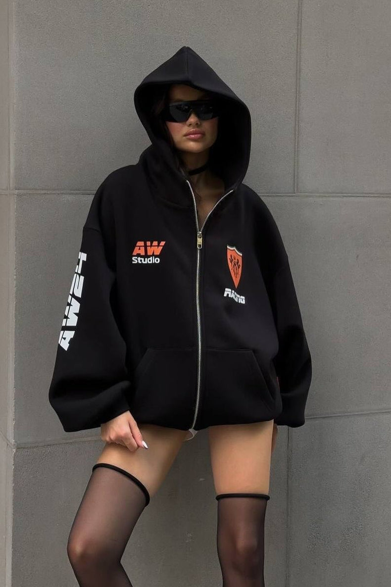 Oversized Zip-Up Logo Letter Print Hoodie
