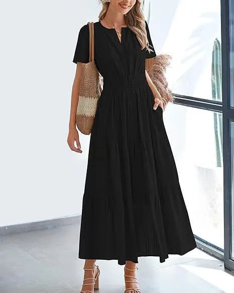 v-neck pleated puff sleeve dress black