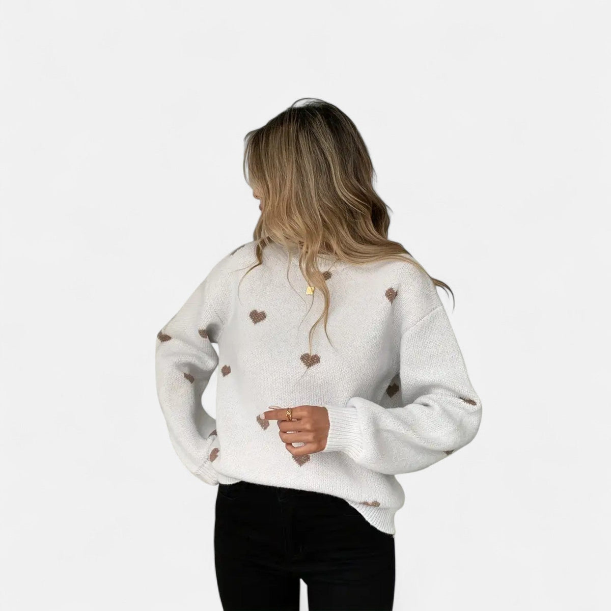 Round Neck Heart Motif Knit Long Sleeve Sweater