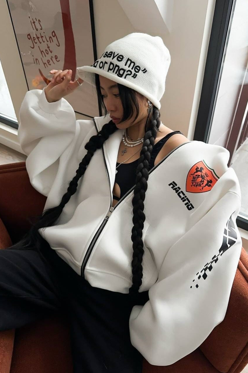 Oversized Zip-Up Logo Letter Print Hoodie