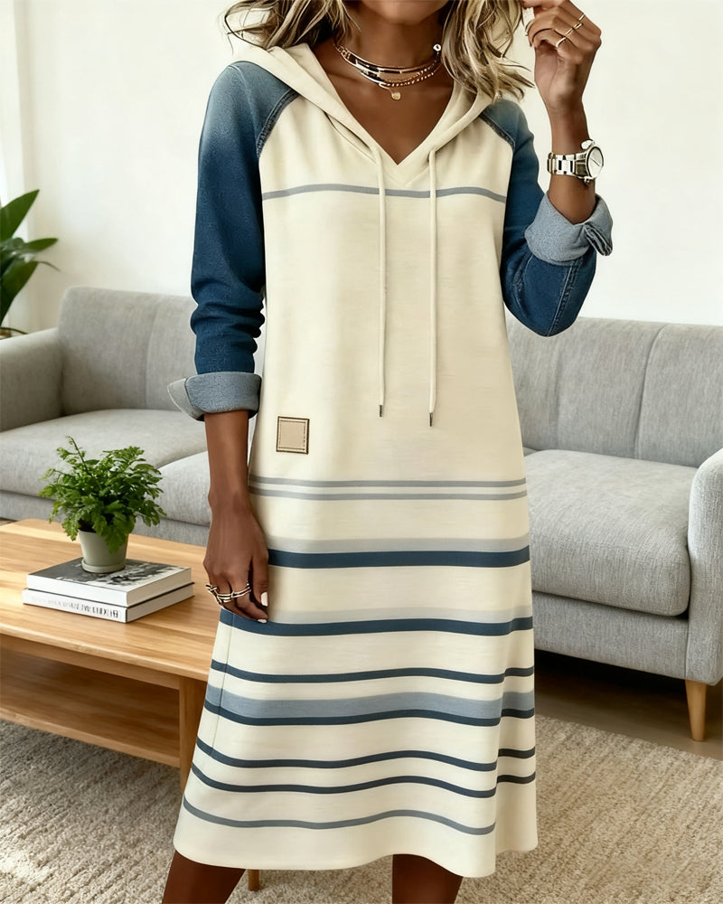 Hooded Drawstring Colorblock Stripe Long Sleeve Sweatshirt Midi Dress 4