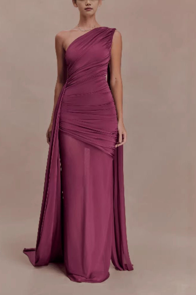 Elegant Mesh Paneled One Shoulder Cape Fitted Party Dress