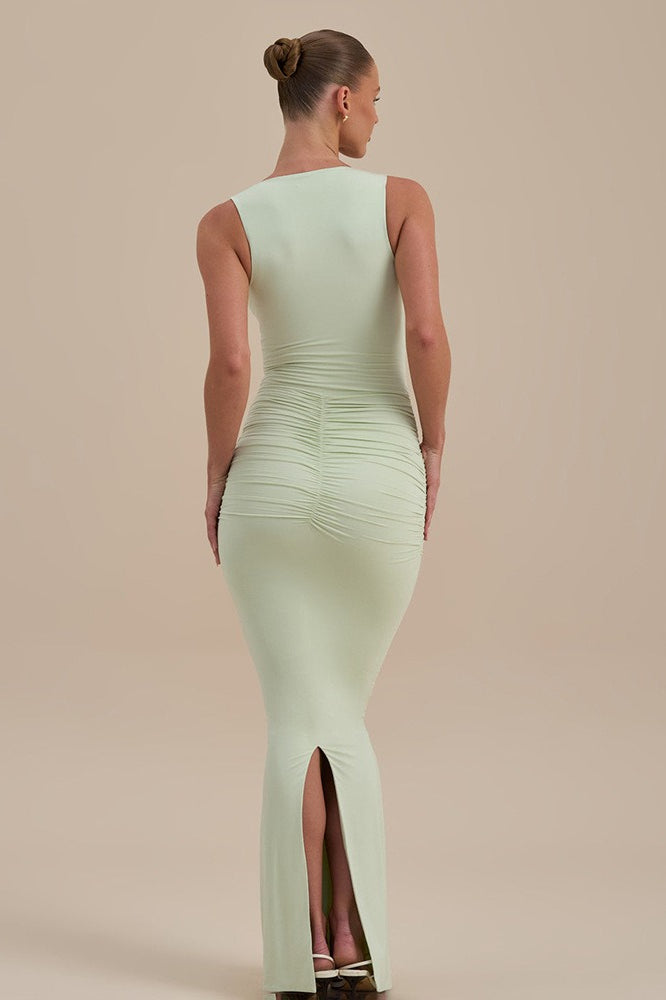 Sleeveless V Neck Ruched Back Slit Bodycon Party Dress
