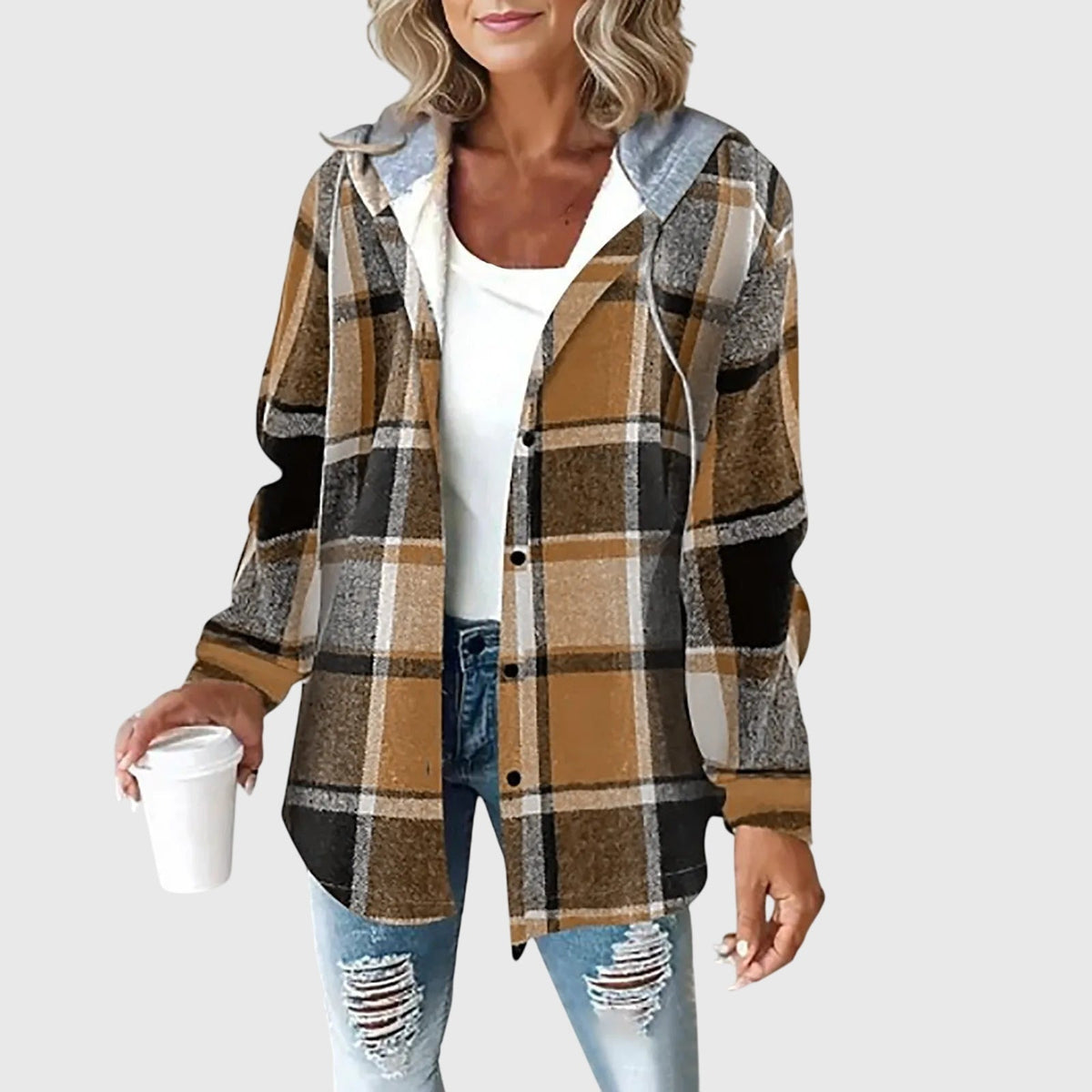 Hooded Plaid Flannel Drawstring Button Front Jacket