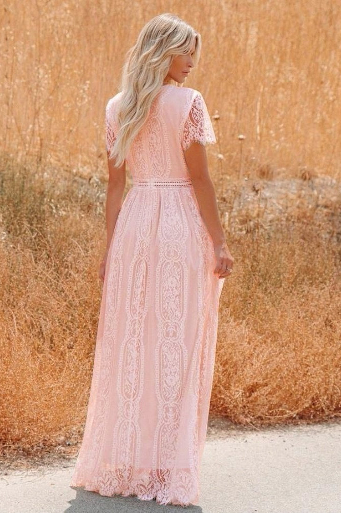 Deep V Neck Lace Cap Sleeve Empire Waist Scalloped Hem Maxi Dress 9