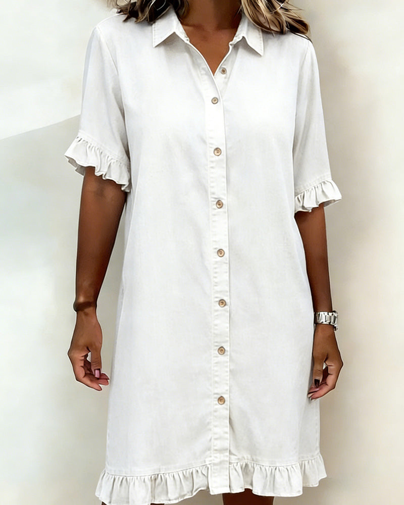 Collared Ruffle Cuff Ruffle Hem Denim Shirt Dress 3