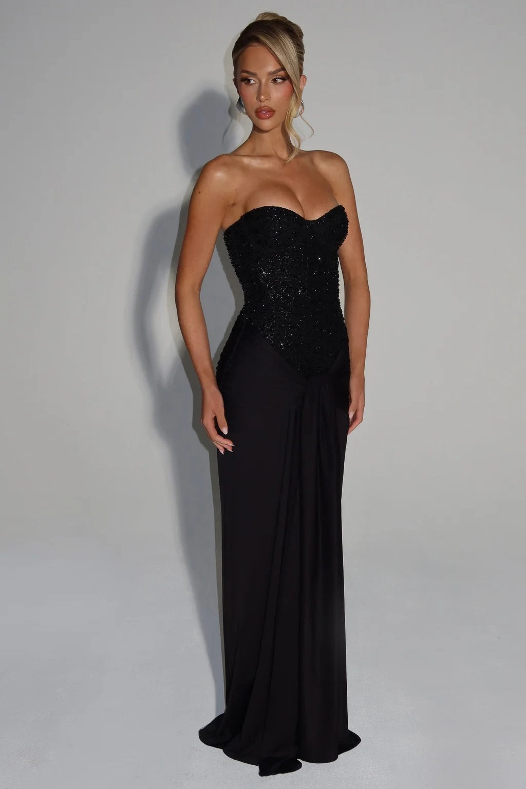 Ribbon Strapless Corset Maxi Evening Prom Dress