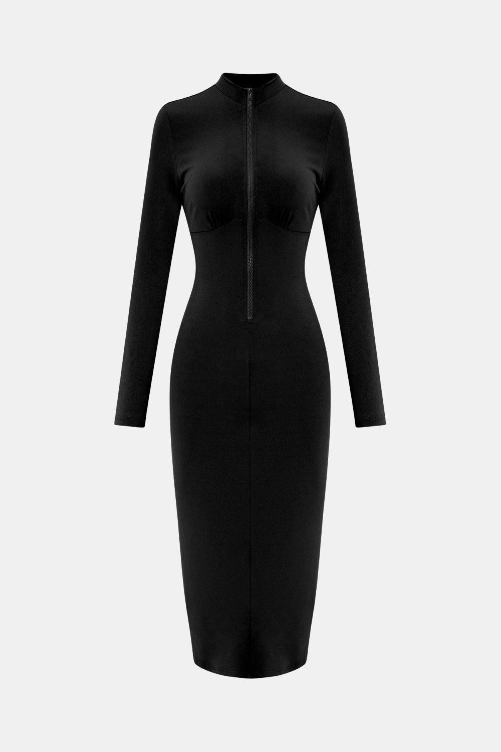 High Neck Zip Front Long Sleeve Cutout Bodycon Midi Dress