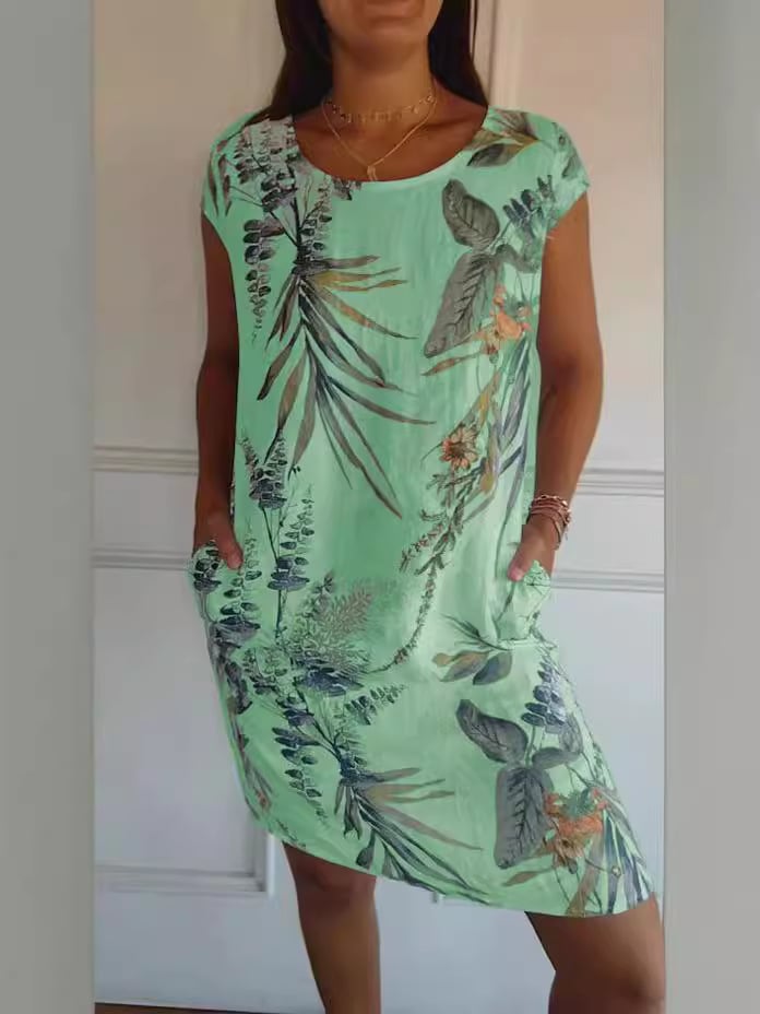 Round Neck Botanical Leaf Print Cap Sleeve Pocket Shift Mini Dress 3