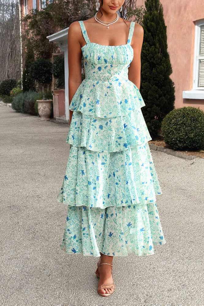 Square Neck Ruched Bust Toile Floral Print Tiered Maxi Dress 8