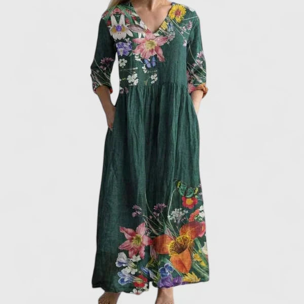 V-Neck Long Sleeve Baroque Floral Pocket Loose Maxi Dress 2