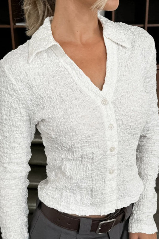 White V-Neck Collared Cropped Slim Blouse