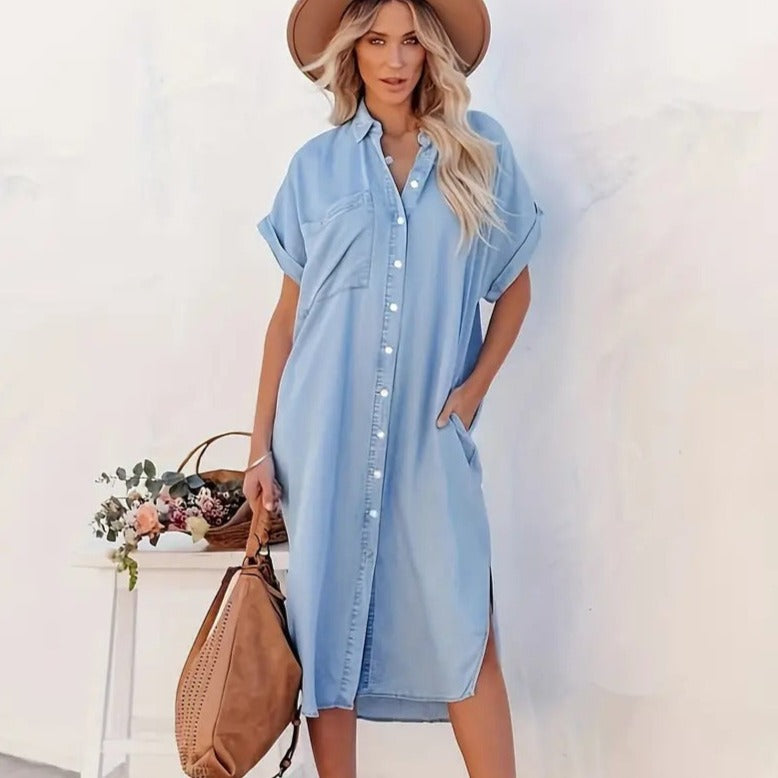 Blue Collared Denim Button Front Short Sleeve Chest Pocket Shift Midi Dress