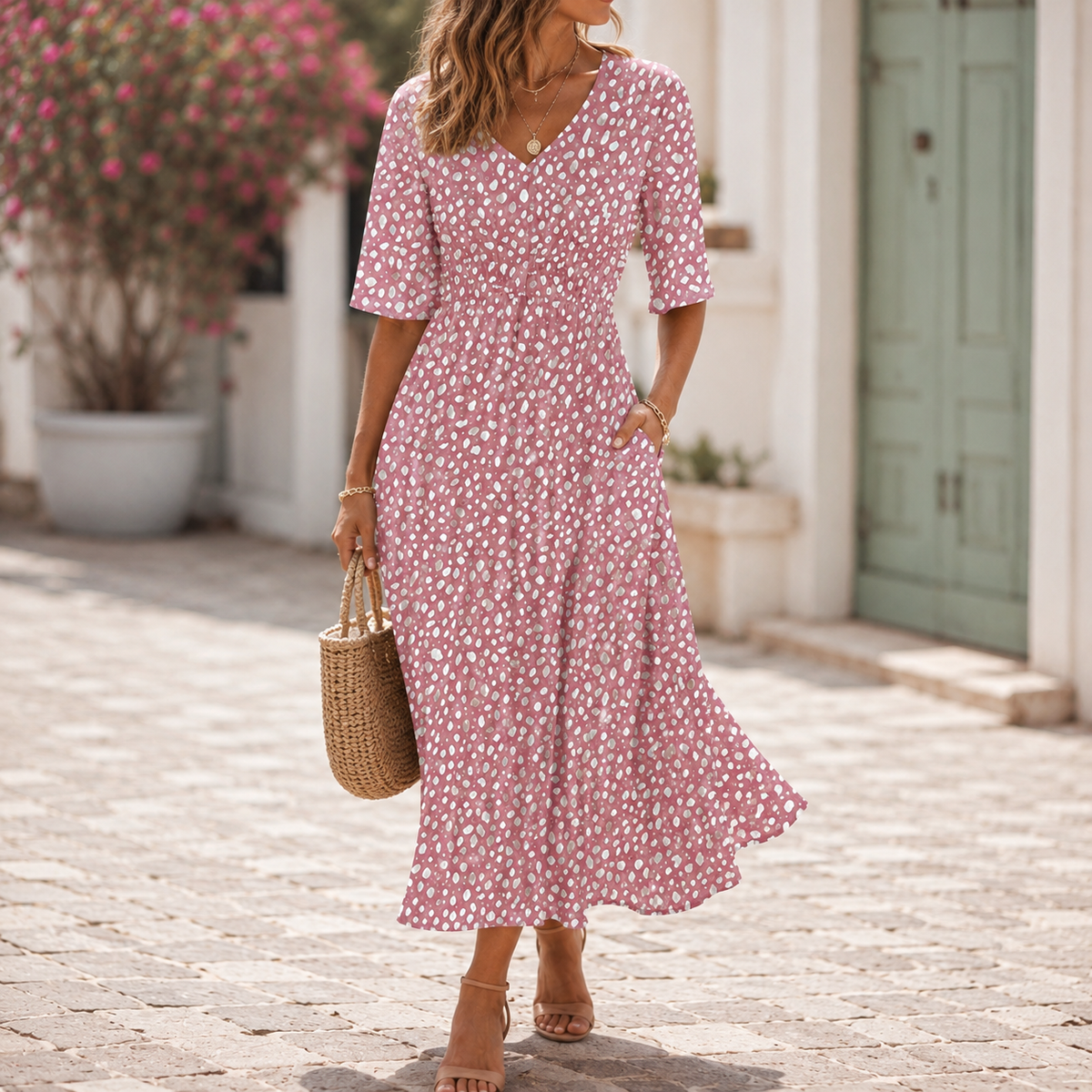 Pink V-Neck Short Sleeve Spotted Print Smocked Waist A-Line Midi Dress