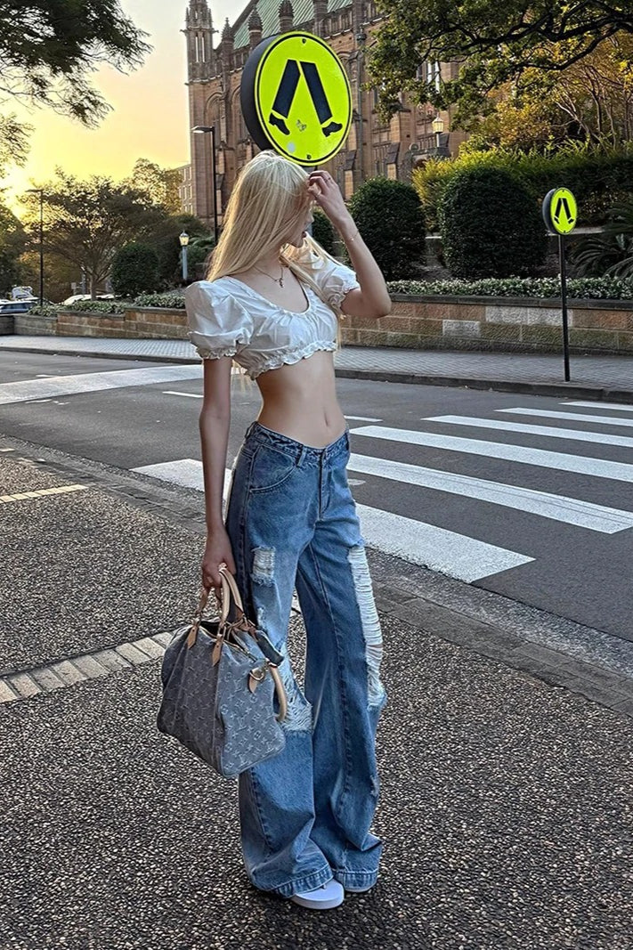 Street Style Ripped Loose Fit WideLeg Jeans