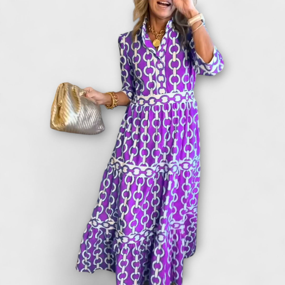 Collared Button Front Chain Print Three-Quarter Sleeve Tiered Maxi Dress