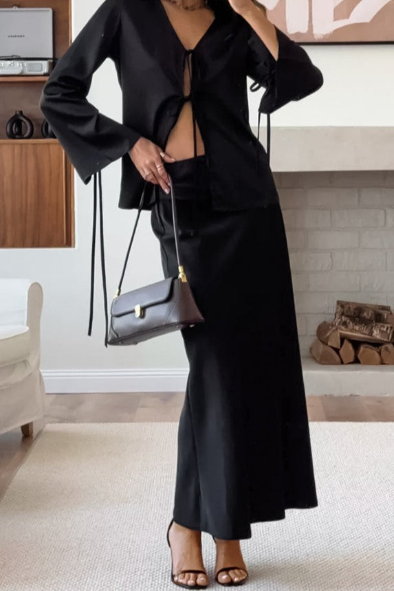 V Neck Tie Front Satin Top Maxi Skirt Set