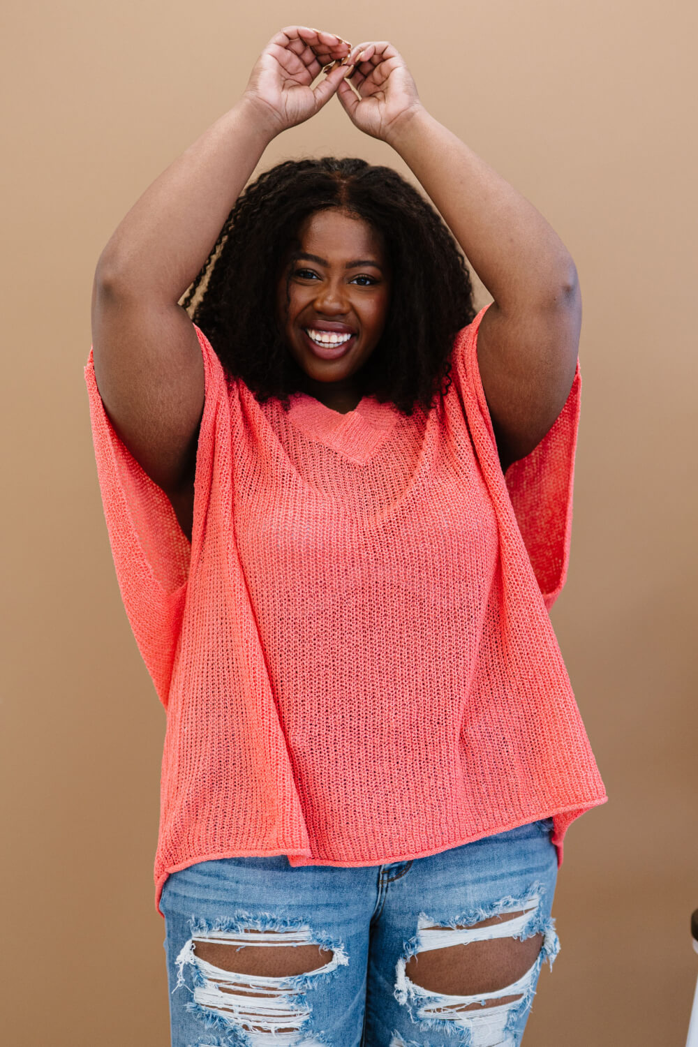 Deep Coral V-Neck Short Sleeve Openwork Loose Knit Sweater