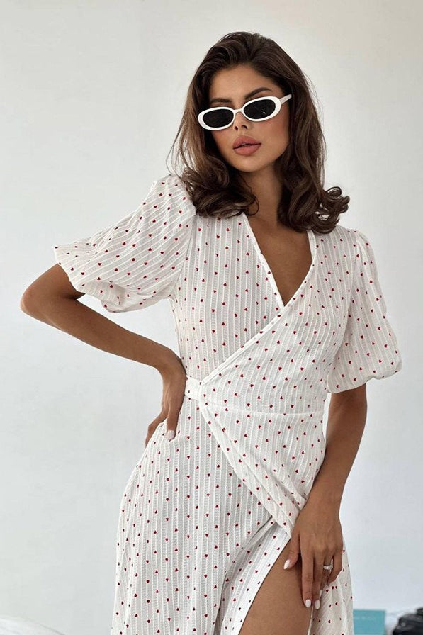 White Cotton Heart Print V-Neck Wrap Maxi Dress