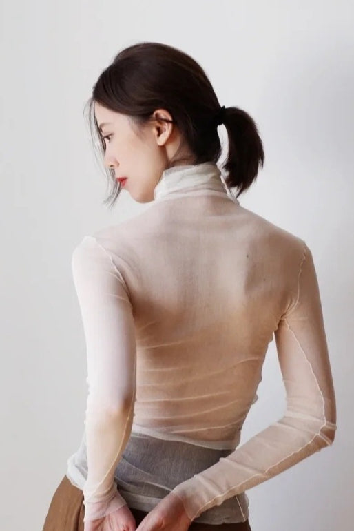 Silk Tulle Sheer Lace Turtleneck Base Layer