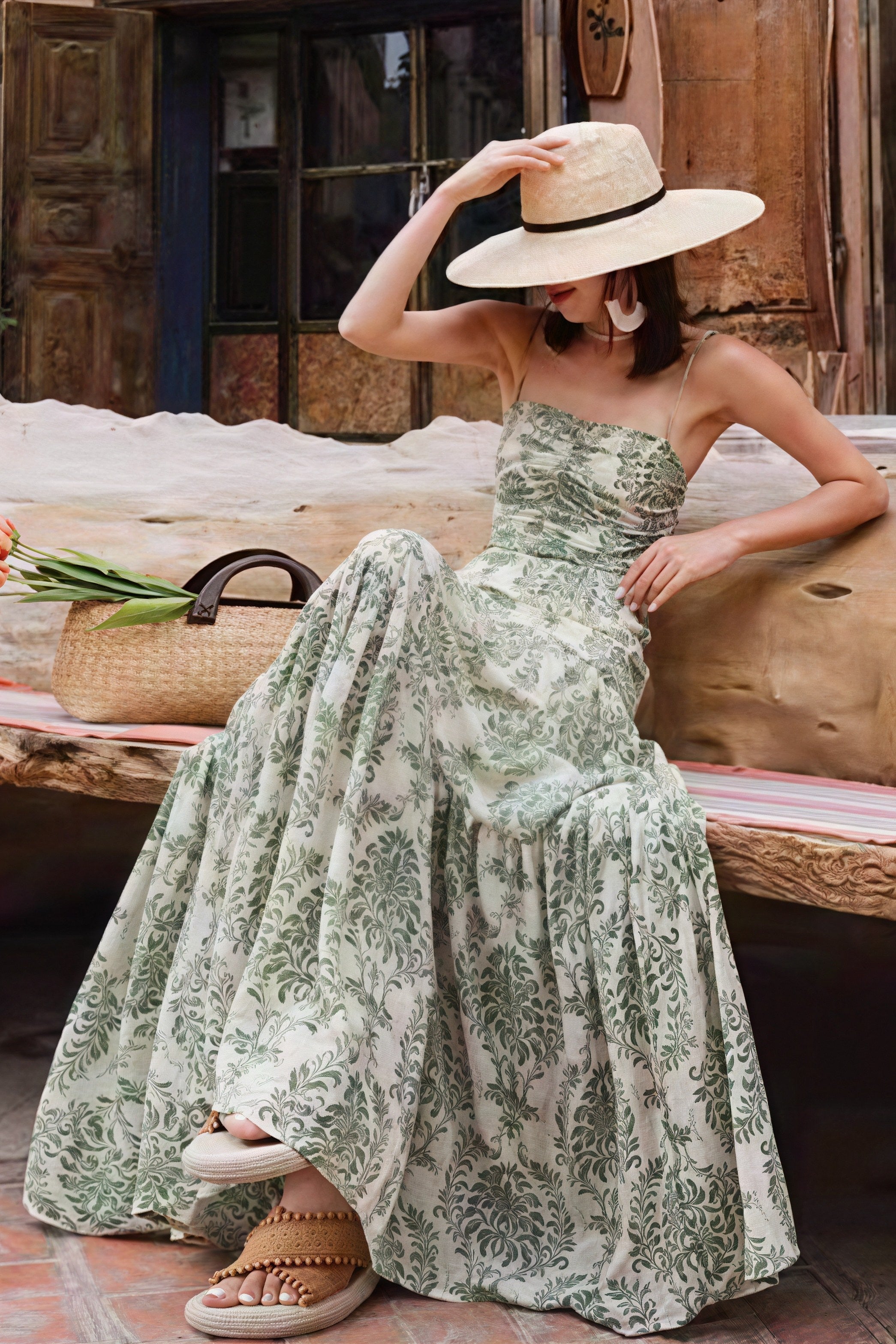 Green Spaghetti Strap Square Neck Ruched Damask Print Tiered Maxi Dress 2