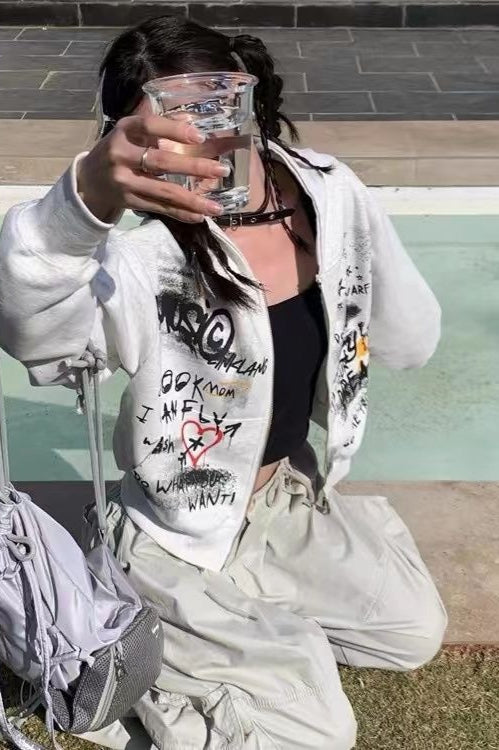 Gray Graffiti Hooded ZipUp Cropped Hoodie