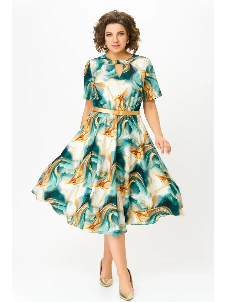 Dark Green Keyhole Neck Short Sleeve Marble Print Belted A-Line Midi Dress 2