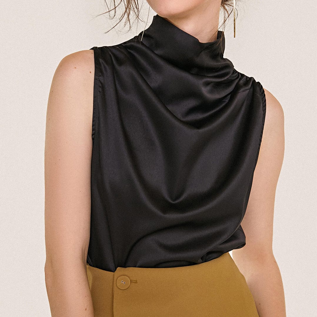 Black Sleeveless High Draped Neck Satin Work Blouse