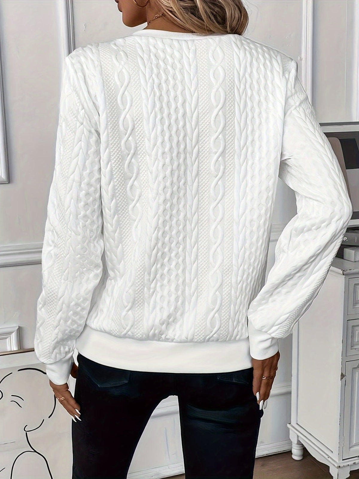 Round Neck Quarter Zip Cable Knit Long Sleeve Sweatshirt 8