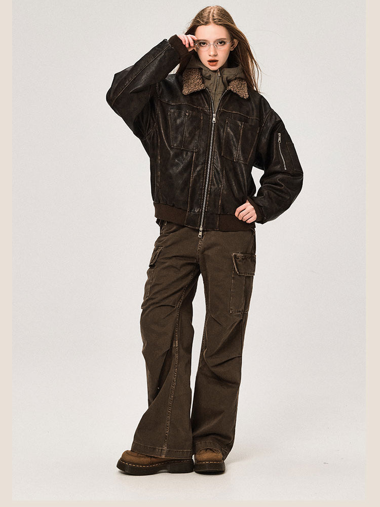 PU Leather Jacket with Lamb Wool Collar