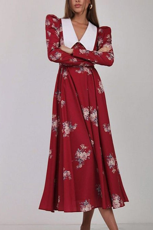 Contrast Collar Puff Sleeve Belted Ditsy Floral Print Midi Dress 6