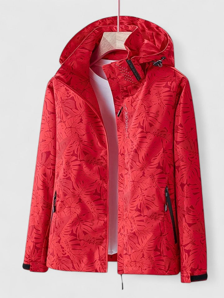 Hooded Tropical Leaf Print Zip Front Long Sleeve Windbreaker Jacket