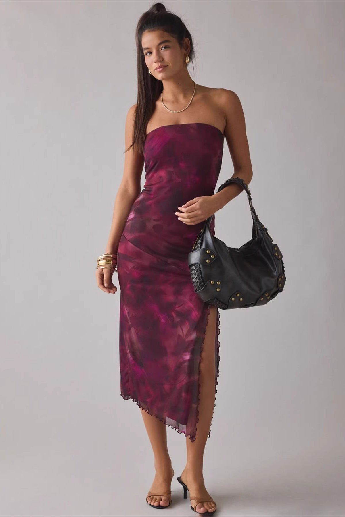 Gradient Mesh Tube Backless Slit Maxi Slim Bodycon Dress