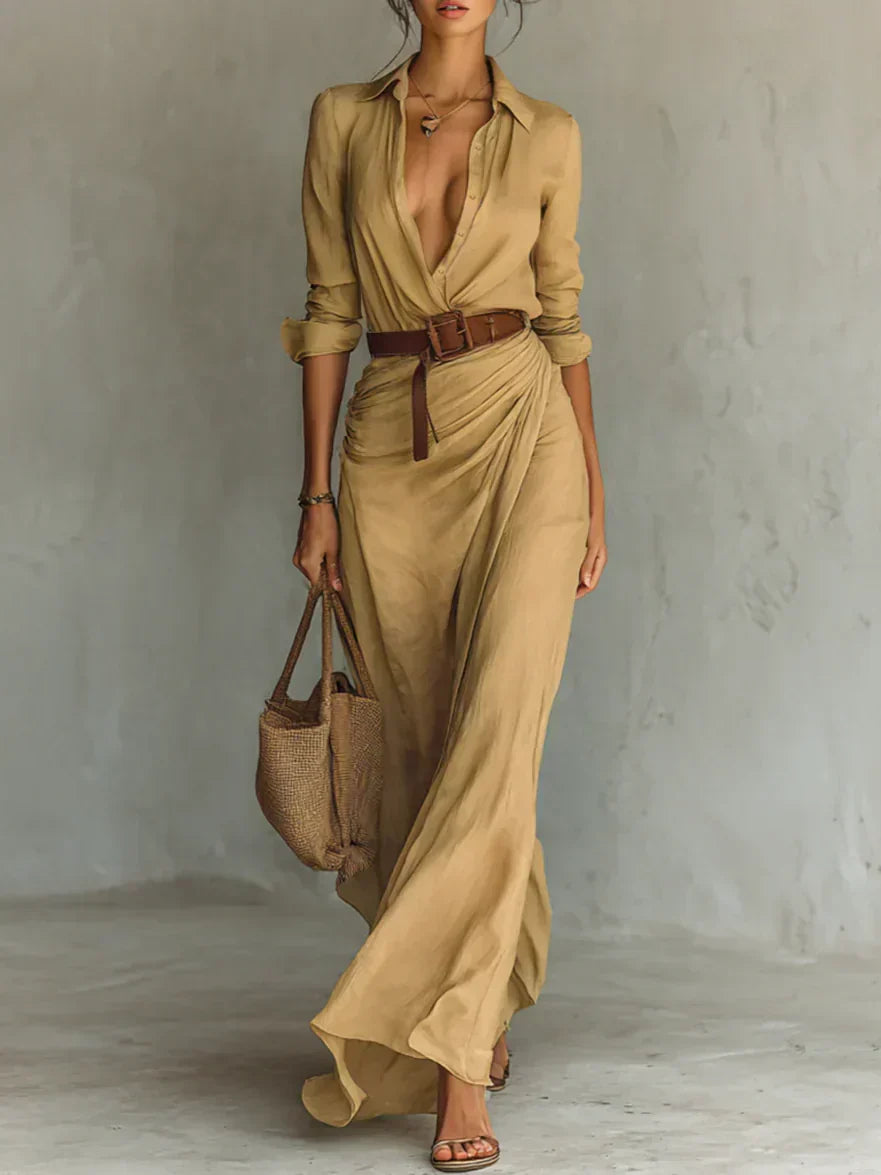 Collared Plunge Long Sleeve Belted Ruched Satin Maxi Dress