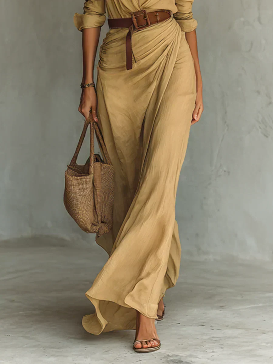 Collared Plunge Long Sleeve Belted Ruched Satin Maxi Dress