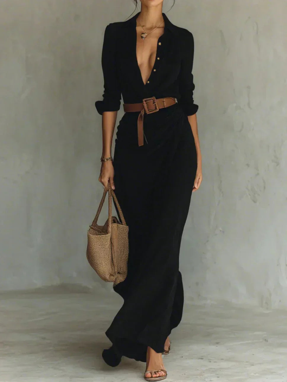 Collared Plunge Long Sleeve Belted Ruched Satin Maxi Dress