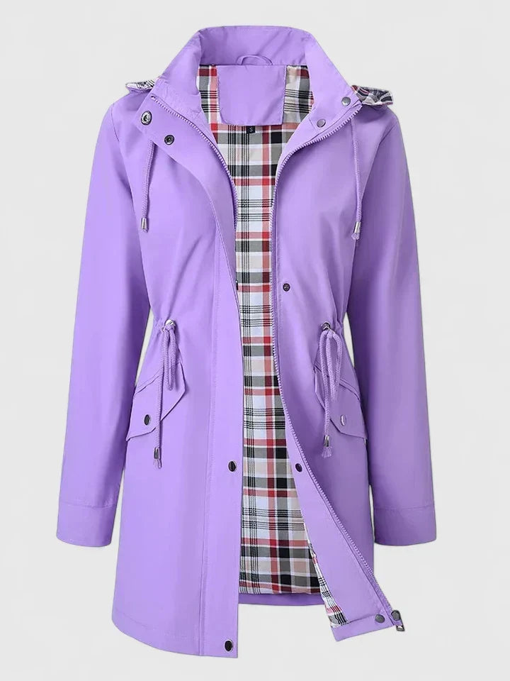 Hooded Plaid-Lined Drawstring Waist Zip-Front Longline Jacket